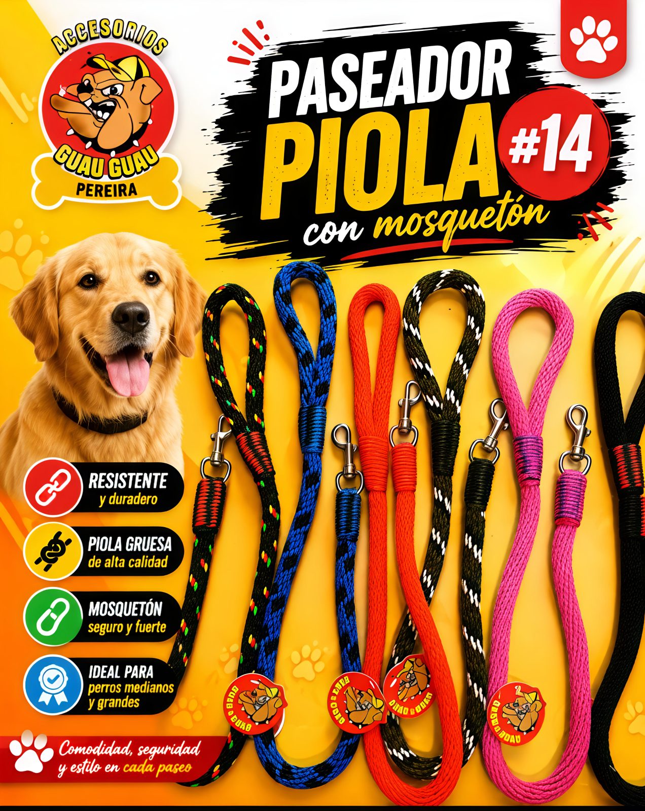 Paseador en piola (rienda ) con mosqueron para perro
